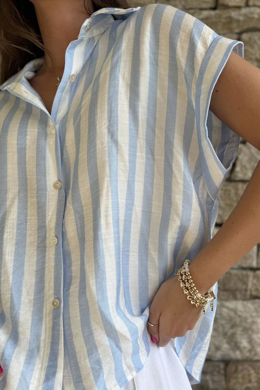 Mallow Stripe Cap Sleeve Shirt Baby Blue /40=